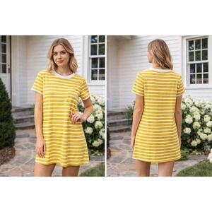 Try This Striped Tee Dress Yellow White Pocket Casual Summer Size M